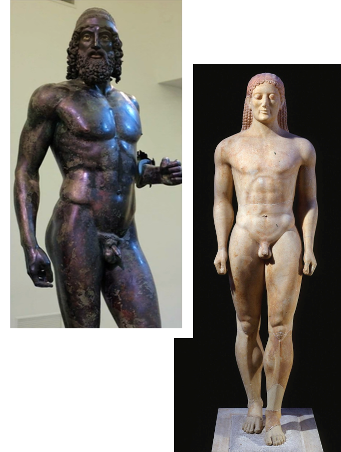 Ejemplo de estatuas griegas, entre ellas, kuros arcaico